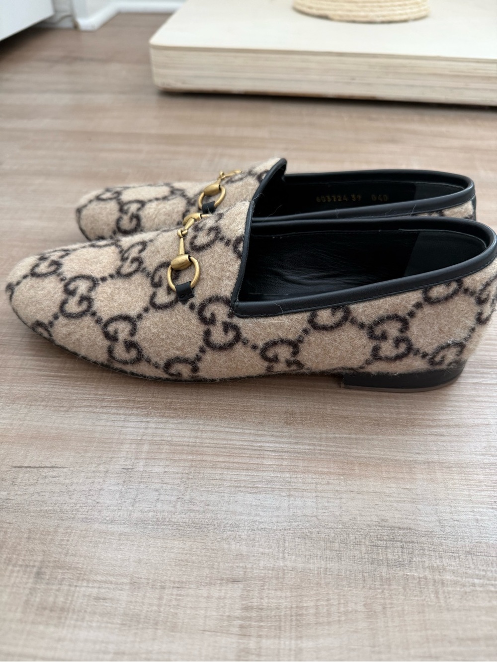 Women’s Gucci Beige and Brown GG Wool Horsebit Loafers - Picture 2 of 5
